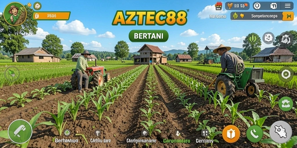 Tampilan antarmuka pengguna AZTEC88 memperlihatkan ladang yang indah dan tanaman subur.
