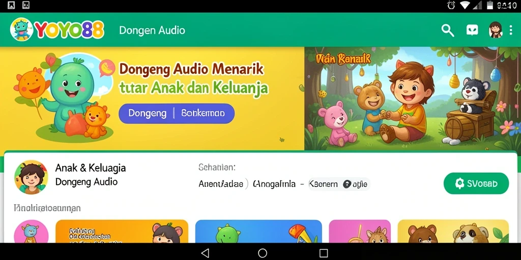 Antarmuka pengguna YOYO88 yang menyenangkan dengan pilihan cerita dongeng audio.